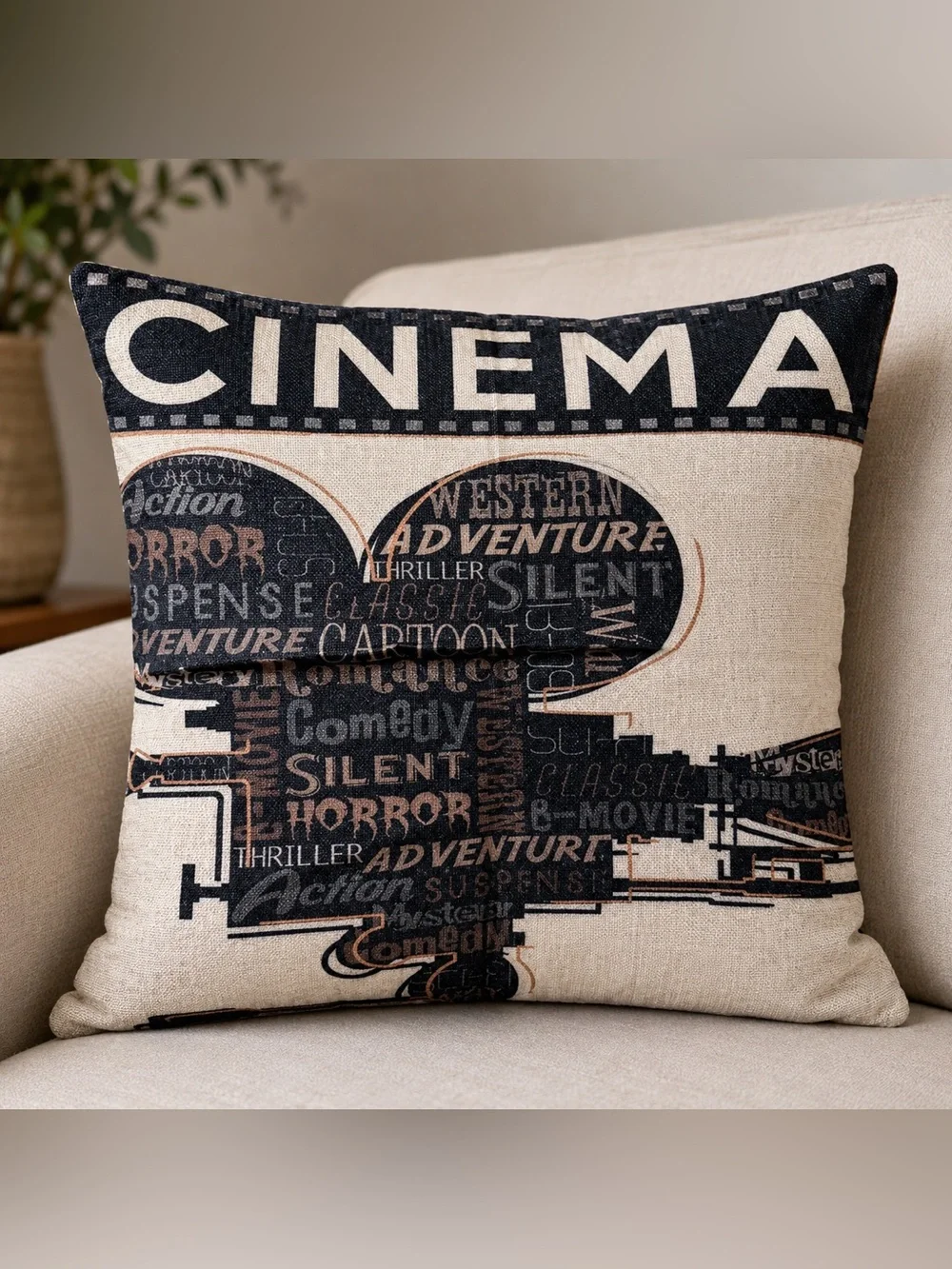 Movie Night Throw Pillow Covers Set of Four in Cream Black and Red